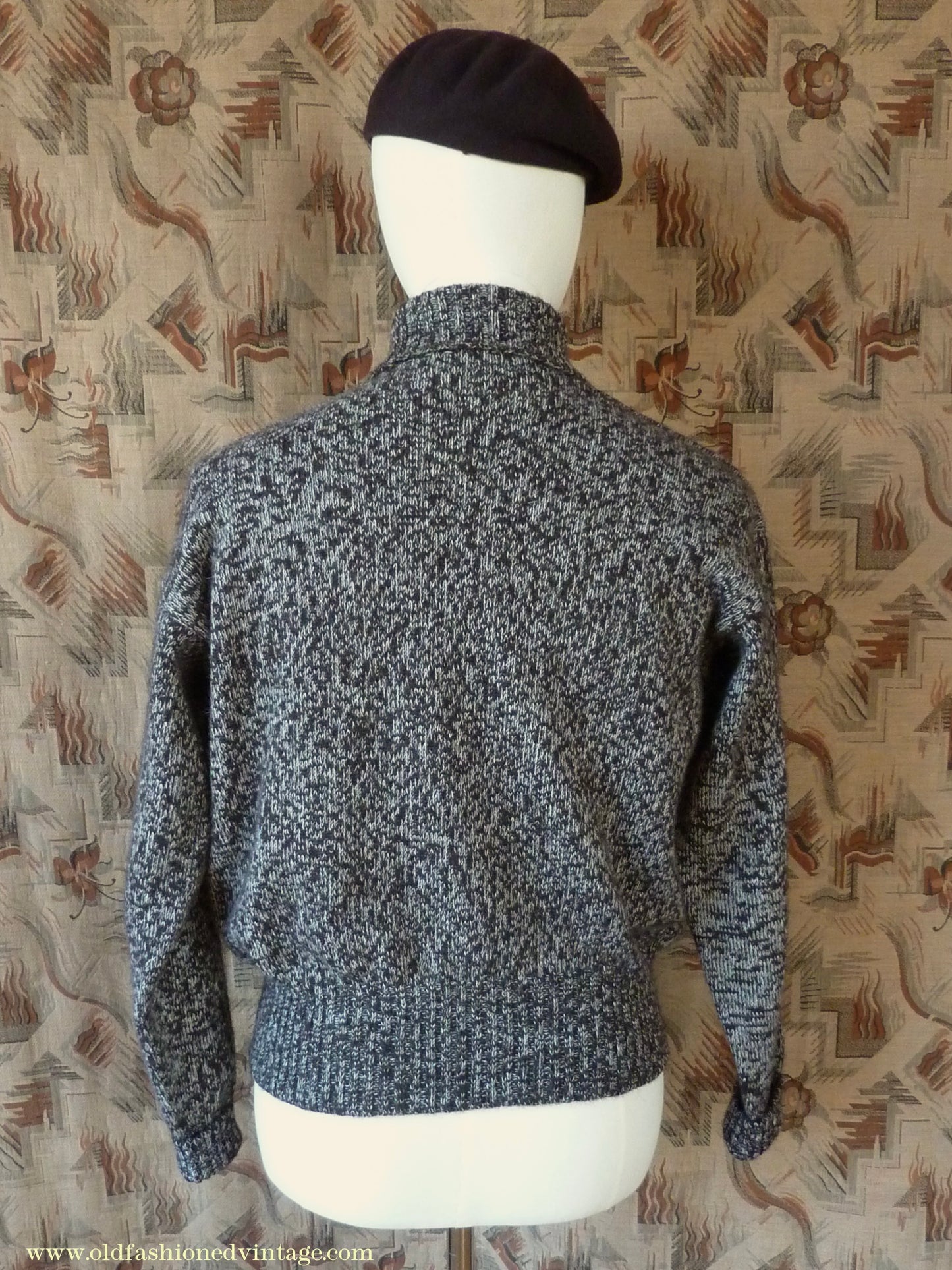 Old Fashioned Garments Vintage Reproduction 1940s Mens Roll Neck Jumper Mottled Dark Brown & White Polo Turtle Sweater L