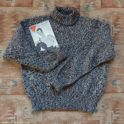 Old Fashioned Garments Vintage Reproduction 1940s Mens Roll Neck Jumper Mottled Dark Brown & White Polo Turtle Sweater L