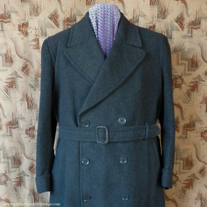 Vintage Mens 1950s Bespoke Tailored Double Breasted Overcoat Coat Charcoal Grey Wool DB Belted 44"