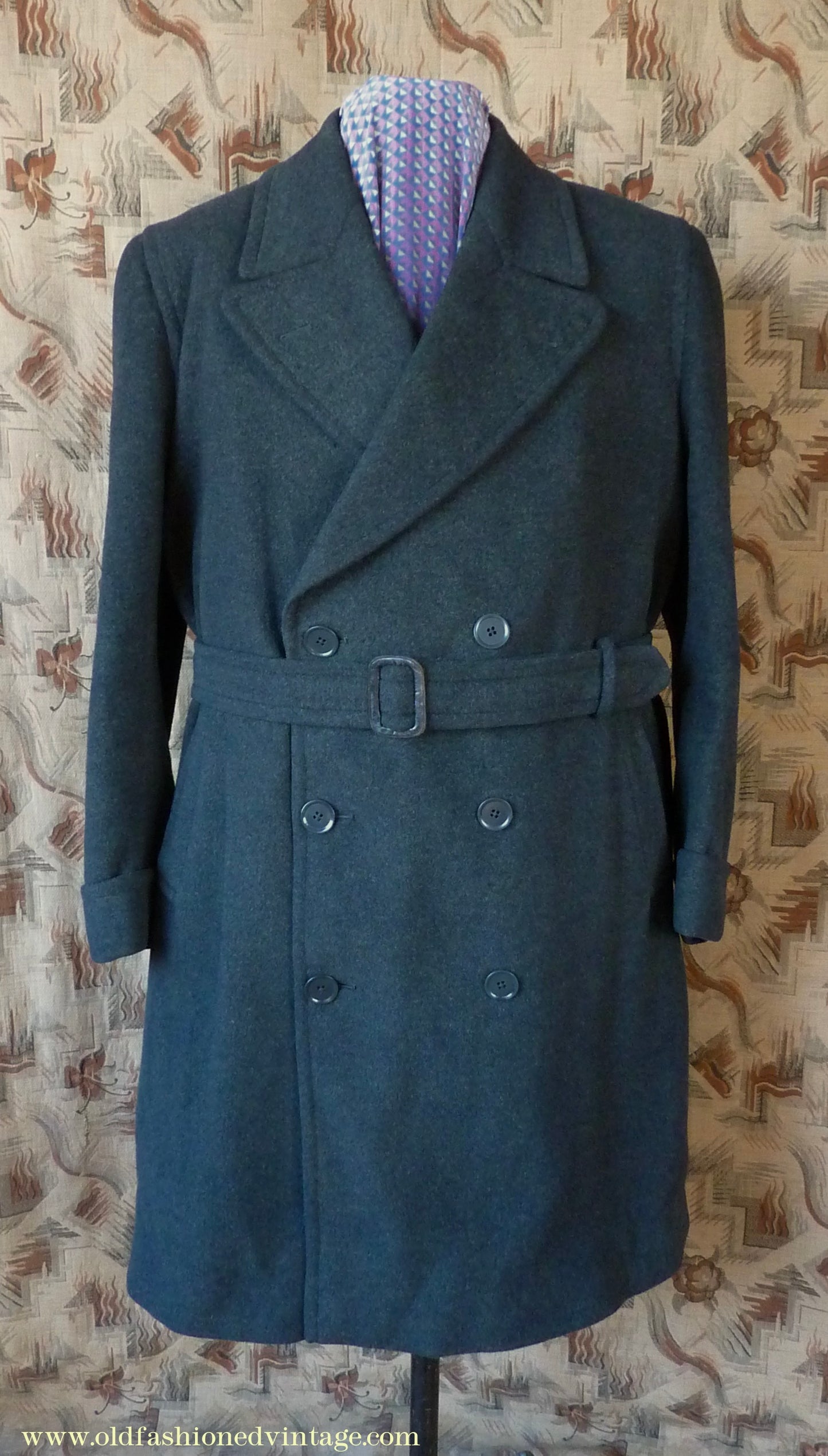 Vintage Mens 1950s Bespoke Tailored Double Breasted Overcoat Coat Charcoal Grey Wool DB Belted 44"