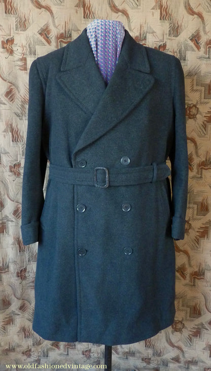 Vintage Mens 1950s Bespoke Tailored Double Breasted Overcoat Coat Charcoal Grey Wool DB Belted 44"