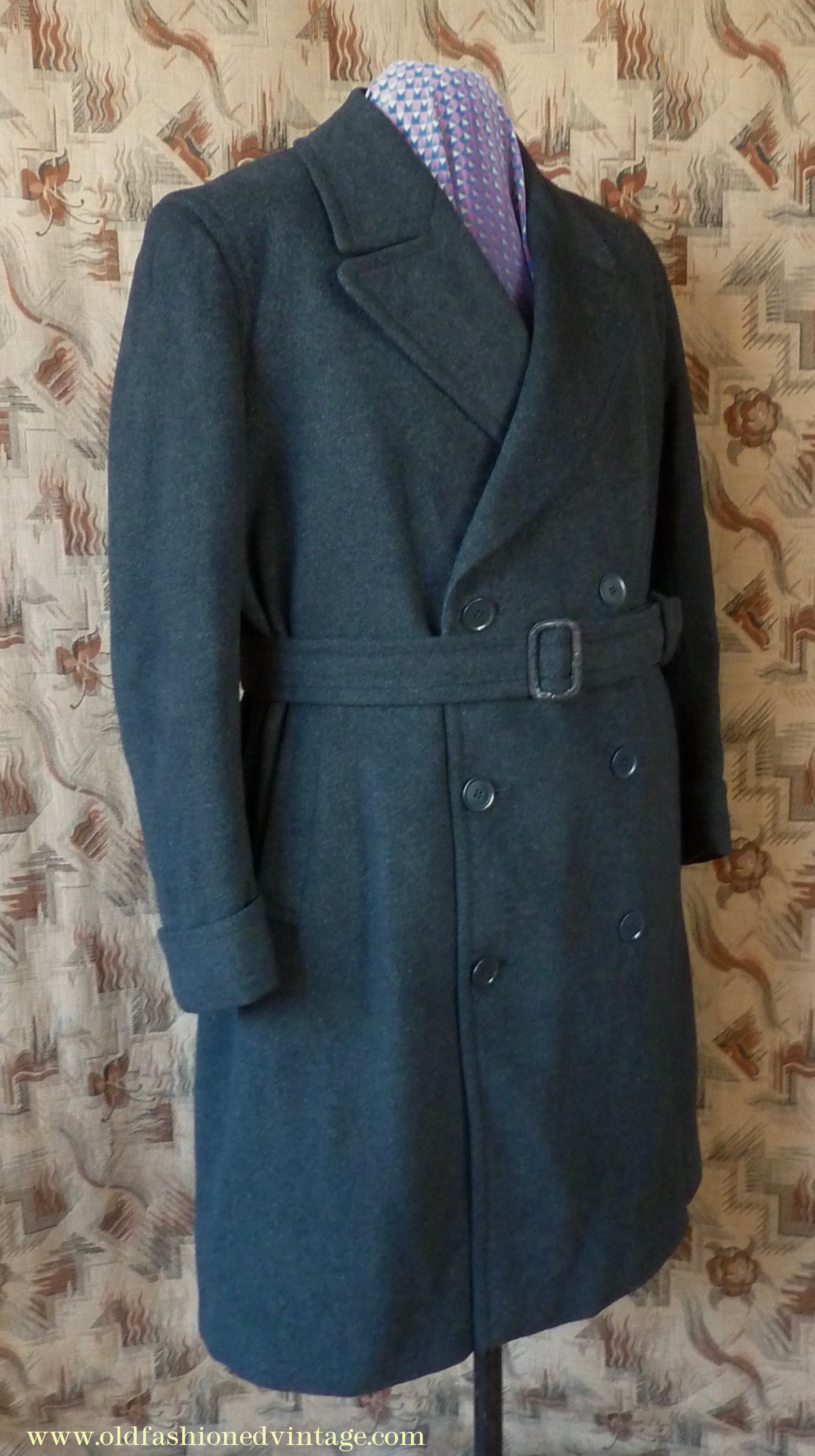 Vintage Mens 1950s Bespoke Tailored Double Breasted Overcoat Coat Charcoal Grey Wool DB Belted 44"