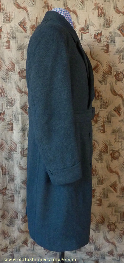 Vintage Mens 1950s Bespoke Tailored Double Breasted Overcoat Coat Charcoal Grey Wool DB Belted 44"