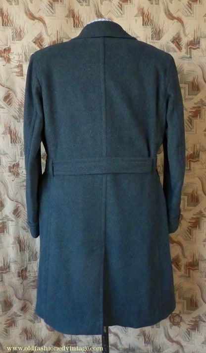 Vintage Mens 1950s Bespoke Tailored Double Breasted Overcoat Coat Charcoal Grey Wool DB Belted 44"