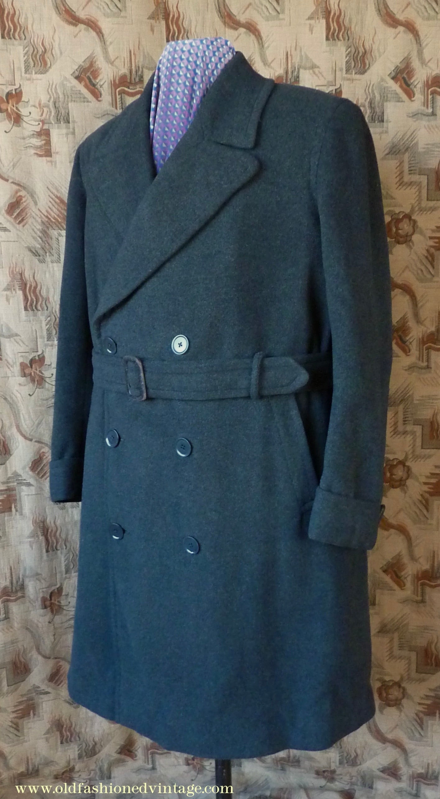 Vintage Mens 1950s Bespoke Tailored Double Breasted Overcoat Coat Charcoal Grey Wool DB Belted 44"