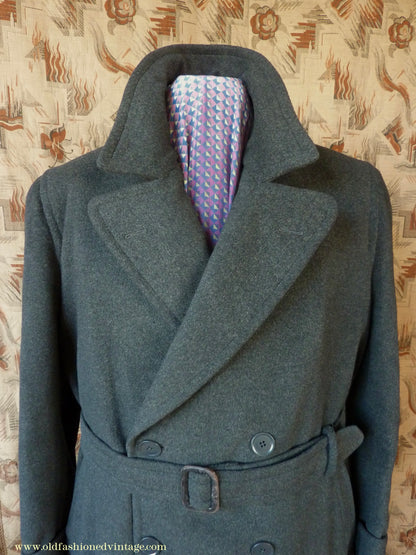 Vintage Mens 1950s Bespoke Tailored Double Breasted Overcoat Coat Charcoal Grey Wool DB Belted 44"