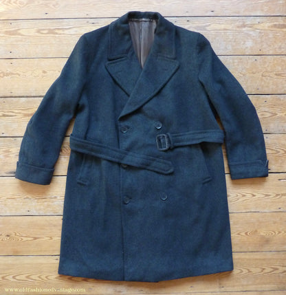 Vintage Mens 1950s Bespoke Tailored Double Breasted Overcoat Coat Charcoal Grey Wool DB Belted 44"