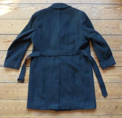 Vintage Mens 1950s Bespoke Tailored Double Breasted Overcoat Coat Charcoal Grey Wool DB Belted 44"