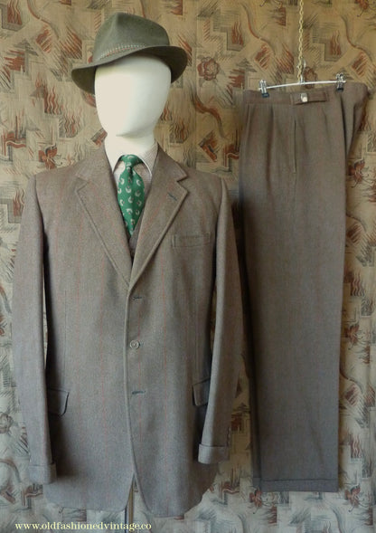 Vintage Mens 1960s Bespoke Tweed 3 Piece Suit Olive Brown Wool Red Windowpane Gauntlet Cuffs 42" Extra Long