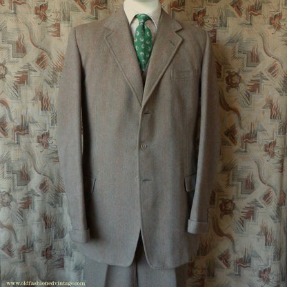 Vintage Mens 1960s Bespoke Tweed 3 Piece Suit Olive Brown Wool Red Windowpane Gauntlet Cuffs 42" Extra Long