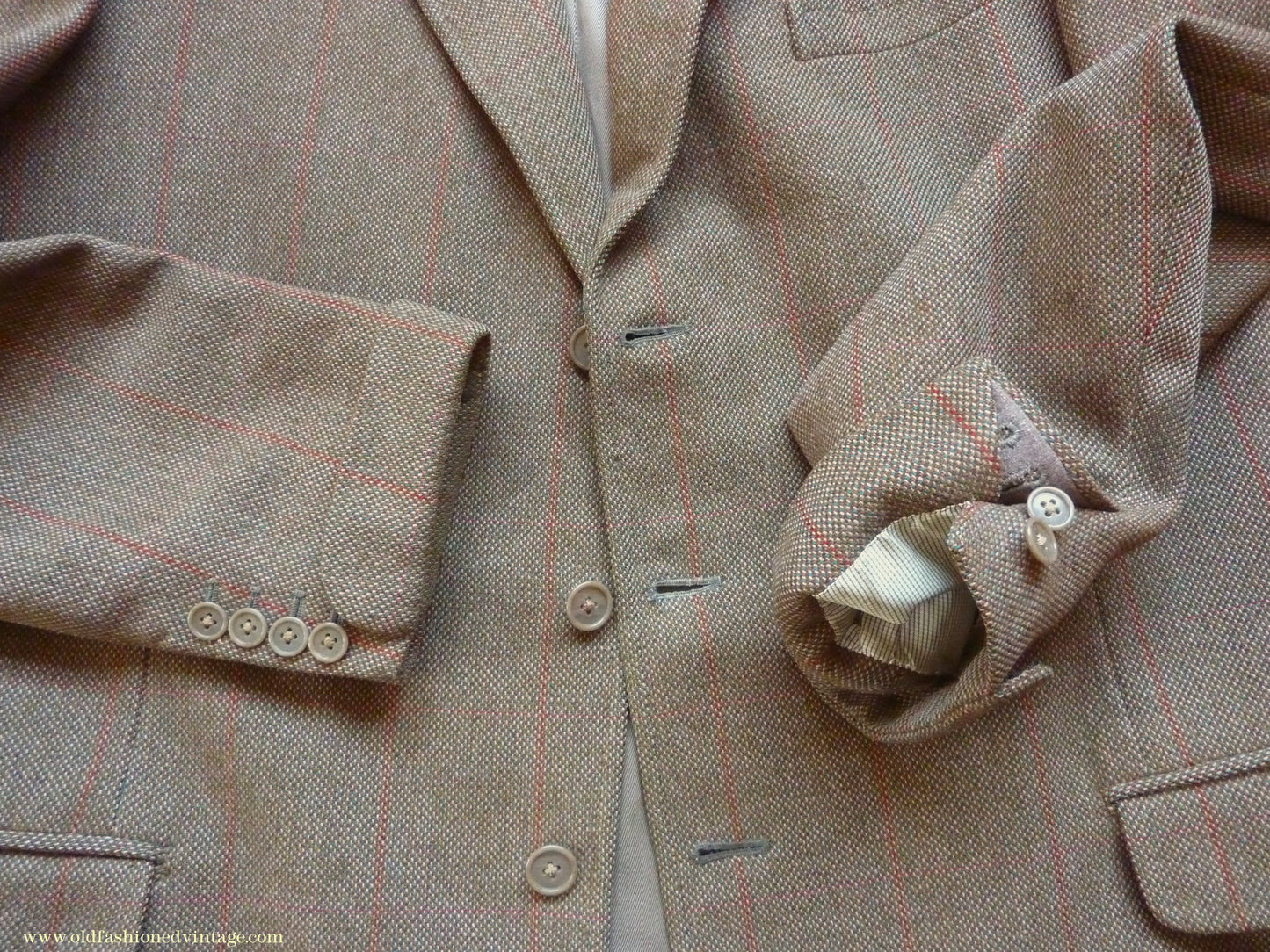 Vintage Mens 1960s Bespoke Tweed 3 Piece Suit Olive Brown Wool Red Windowpane Gauntlet Cuffs 42" Extra Long