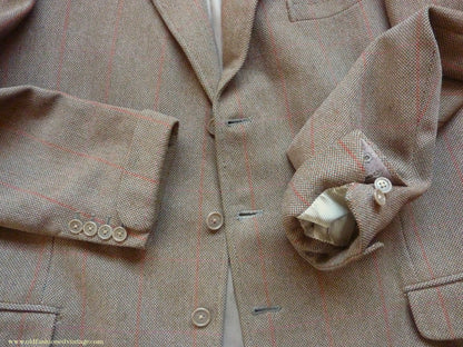 Vintage Mens 1960s Bespoke Tweed 3 Piece Suit Olive Brown Wool Red Windowpane Gauntlet Cuffs 42" Extra Long