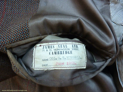 Vintage Mens 1960s Bespoke Tweed 3 Piece Suit Olive Brown Wool Red Windowpane Gauntlet Cuffs 42" Extra Long