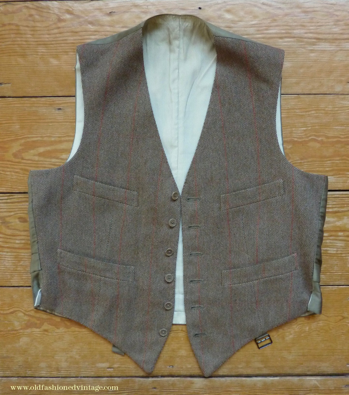 Vintage Mens 1960s Bespoke Tweed 3 Piece Suit Olive Brown Wool Red Windowpane Gauntlet Cuffs 42" Extra Long