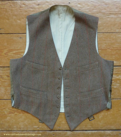 Vintage Mens 1960s Bespoke Tweed 3 Piece Suit Olive Brown Wool Red Windowpane Gauntlet Cuffs 42" Extra Long