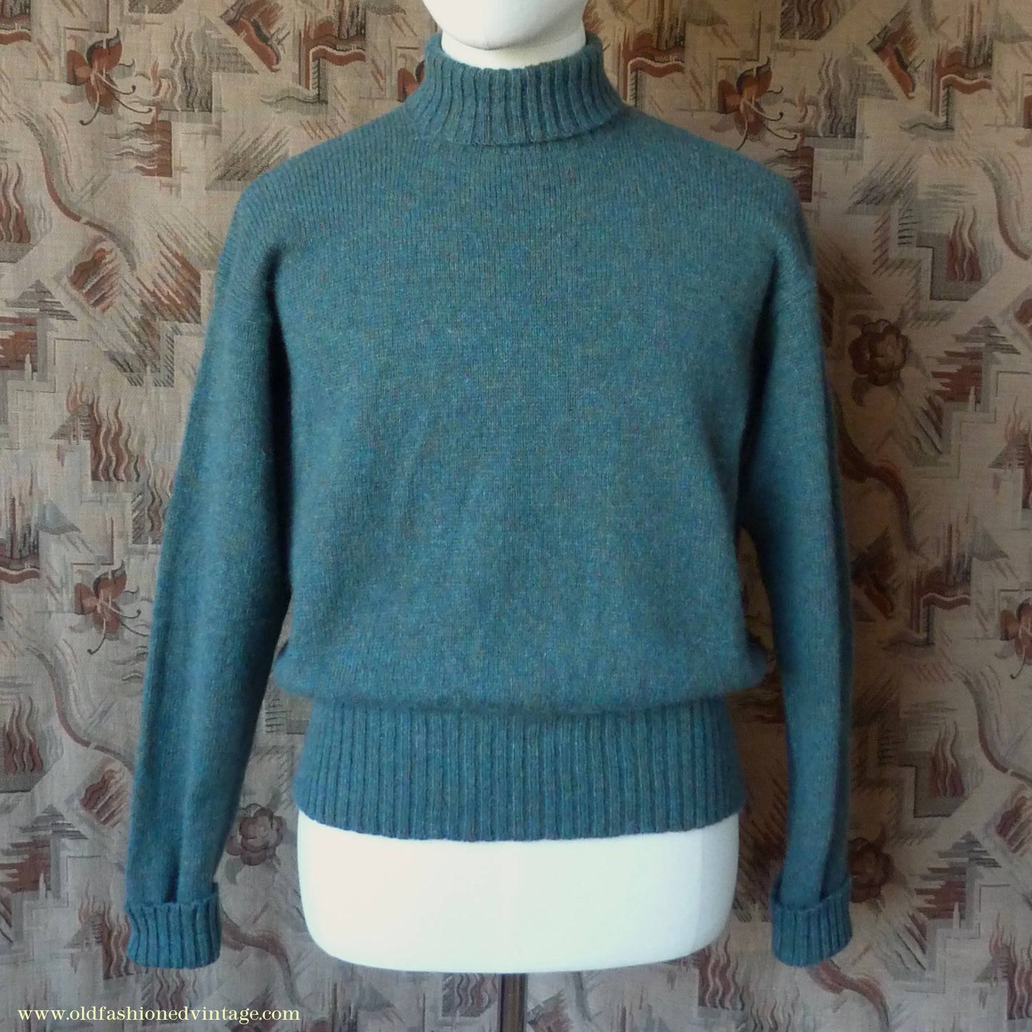 Old Fashioned Garments Vintage Reproduction 1940s Mens Roll Neck Jumper Myrtle Green Polo Turtle Sweater L