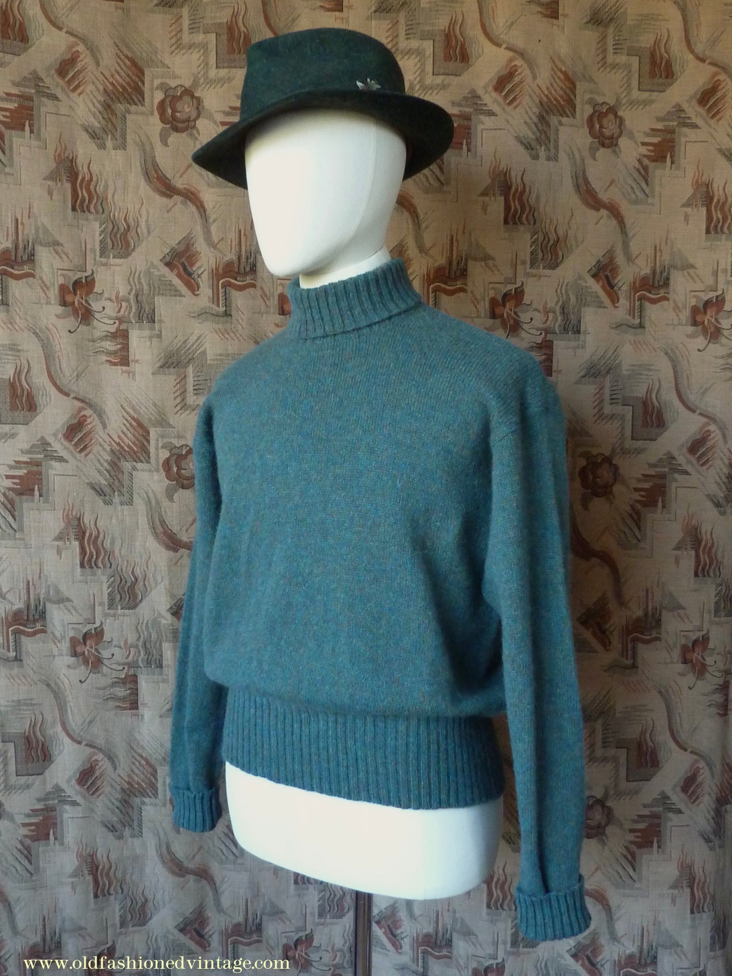 Old Fashioned Garments Vintage Reproduction 1940s Mens Roll Neck Jumper Myrtle Green Polo Turtle Sweater L