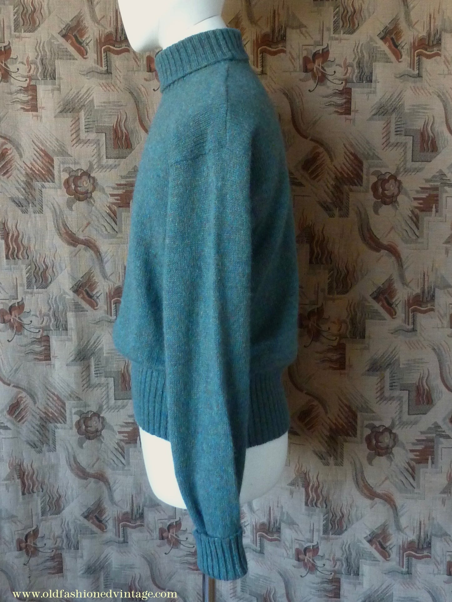 Old Fashioned Garments Vintage Reproduction 1940s Mens Roll Neck Jumper Myrtle Green Polo Turtle Sweater L