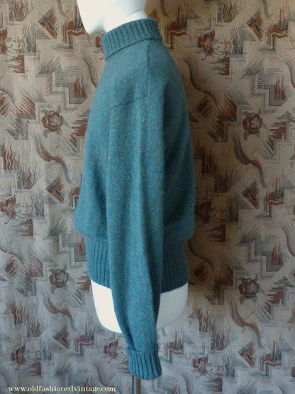 Old Fashioned Garments Vintage Reproduction 1940s Mens Roll Neck Jumper Myrtle Green Polo Turtle Sweater L