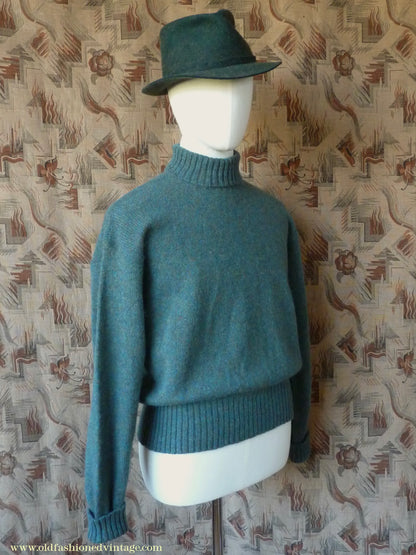 Old Fashioned Garments Vintage Reproduction 1940s Mens Roll Neck Jumper Myrtle Green Polo Turtle Sweater L