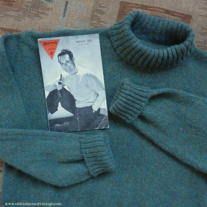 Old Fashioned Garments Vintage Reproduction 1940s Mens Roll Neck Jumper Myrtle Green Polo Turtle Sweater L