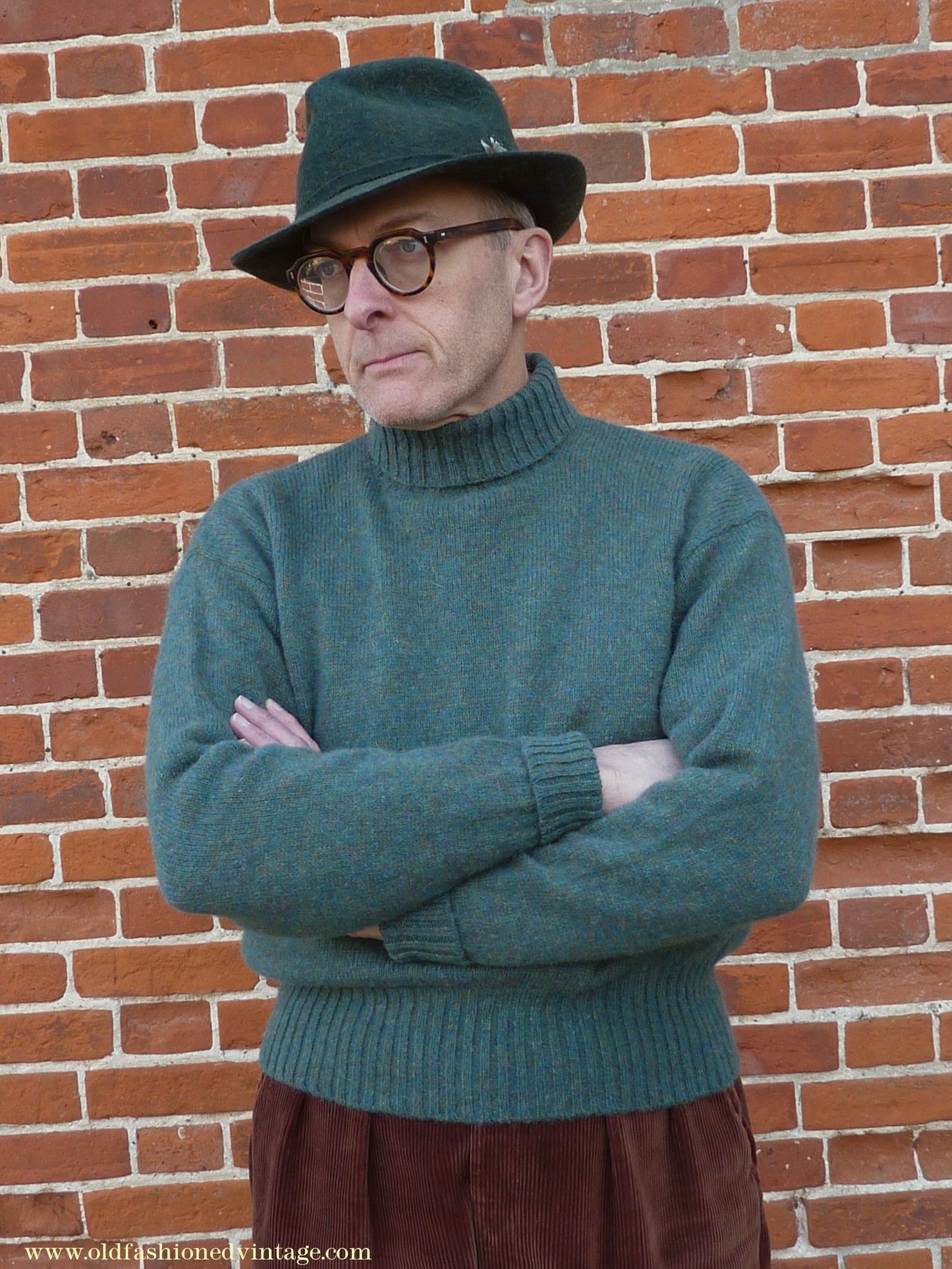 Old Fashioned Garments Vintage Reproduction 1940s Mens Roll Neck Jumper Myrtle Green Polo Turtle Sweater L