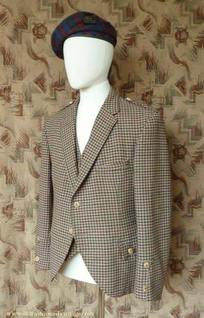 Vintage Mens 1950s Tweed Kilt Jacket & Waistcoat Set Gun Club Check Wool Tailored Traditional Scottish Sports Coat 40"