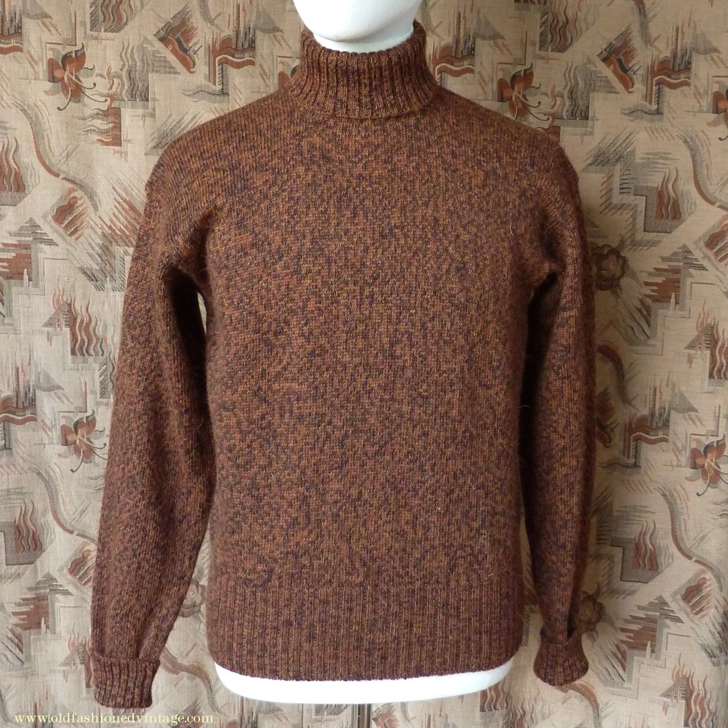 Old Fashioned Garments Vintage Reproduction 1940s Mens Roll Neck Jumper Mottled Cinnamon Dark Brown Polo Turtle Sweater L