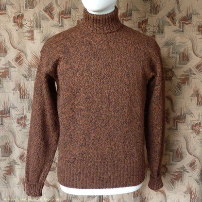 Old Fashioned Garments Vintage Reproduction 1940s Mens Roll Neck Jumper Mottled Cinnamon Dark Brown Polo Turtle Sweater L