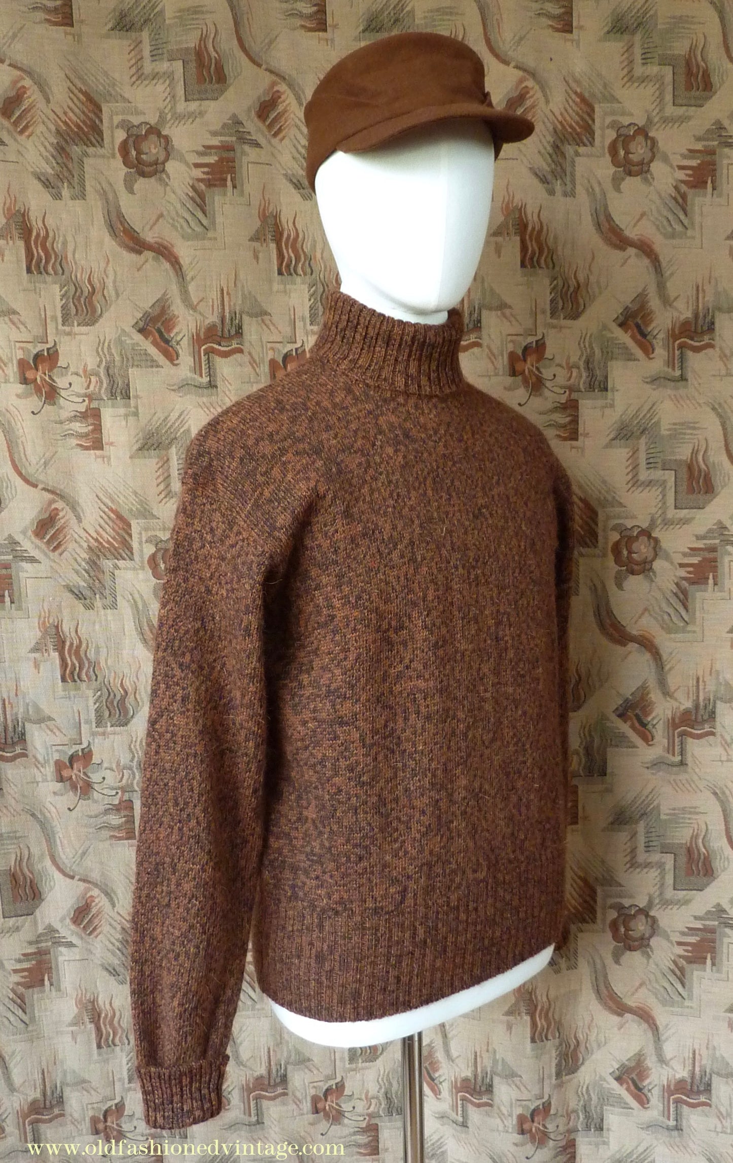 Old Fashioned Garments Vintage Reproduction 1940s Mens Roll Neck Jumper Mottled Cinnamon Dark Brown Polo Turtle Sweater L