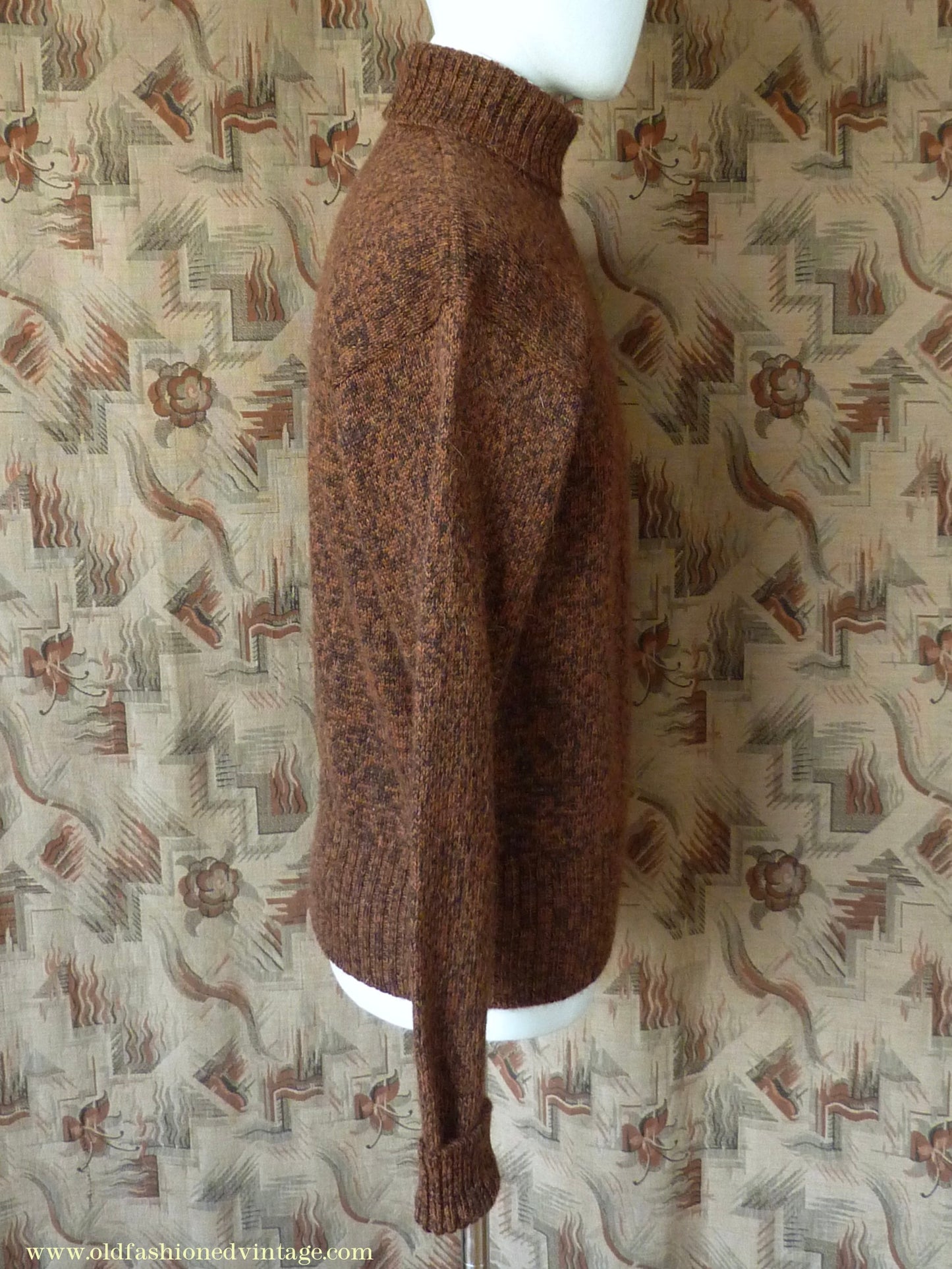Old Fashioned Garments Vintage Reproduction 1940s Mens Roll Neck Jumper Mottled Cinnamon Dark Brown Polo Turtle Sweater L