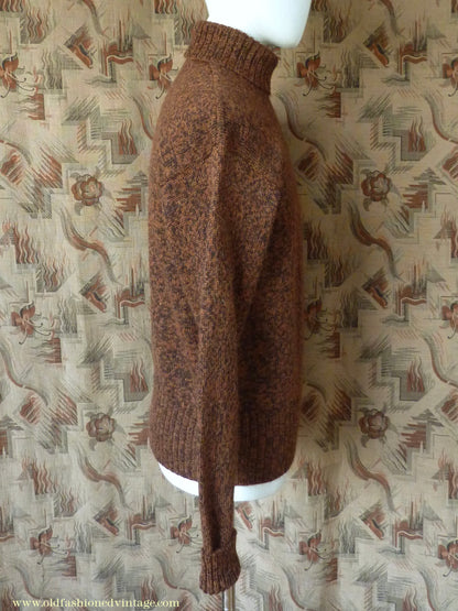 Old Fashioned Garments Vintage Reproduction 1940s Mens Roll Neck Jumper Mottled Cinnamon Dark Brown Polo Turtle Sweater L
