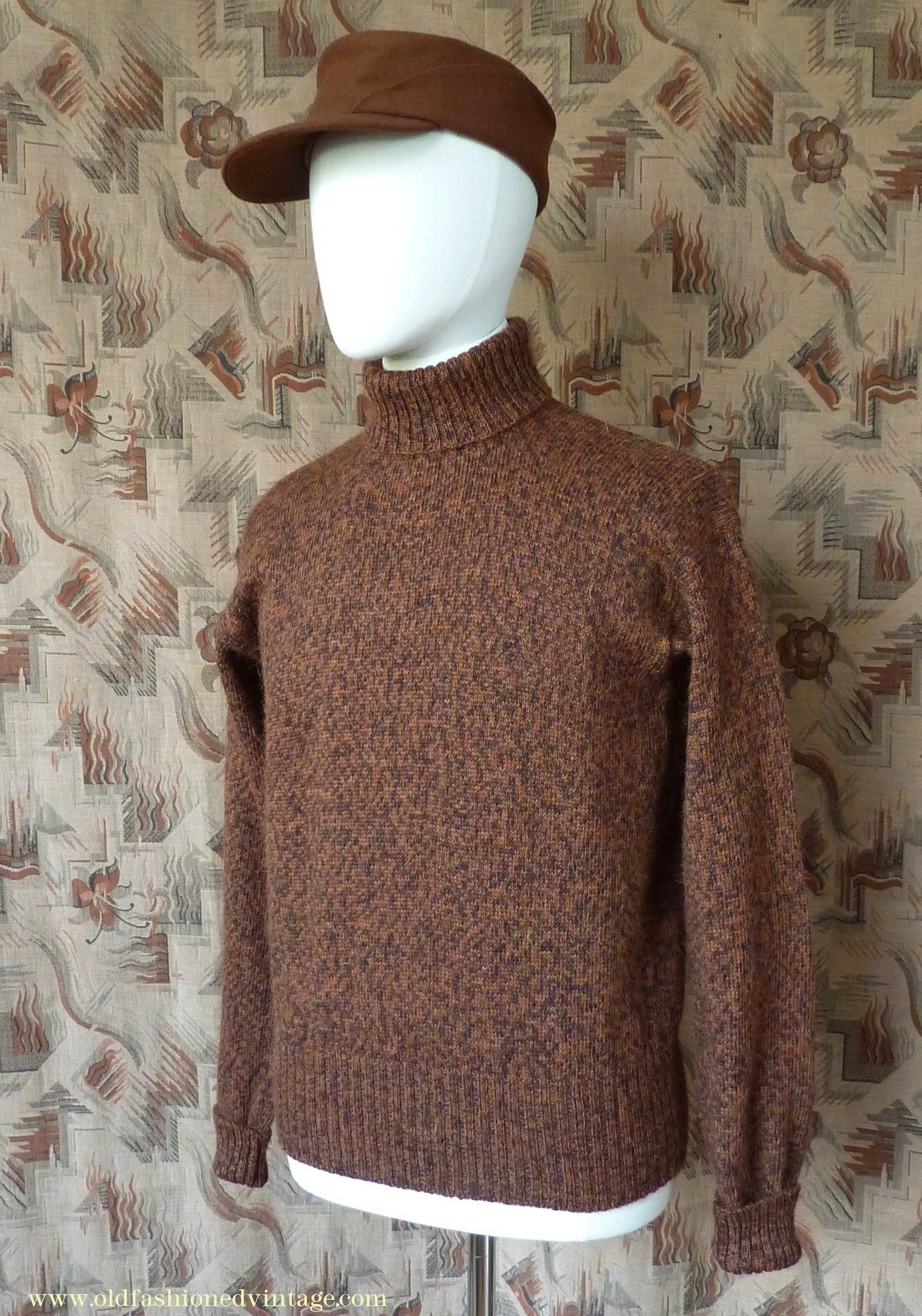Old Fashioned Garments Vintage Reproduction 1940s Mens Roll Neck Jumper Mottled Cinnamon Dark Brown Polo Turtle Sweater L