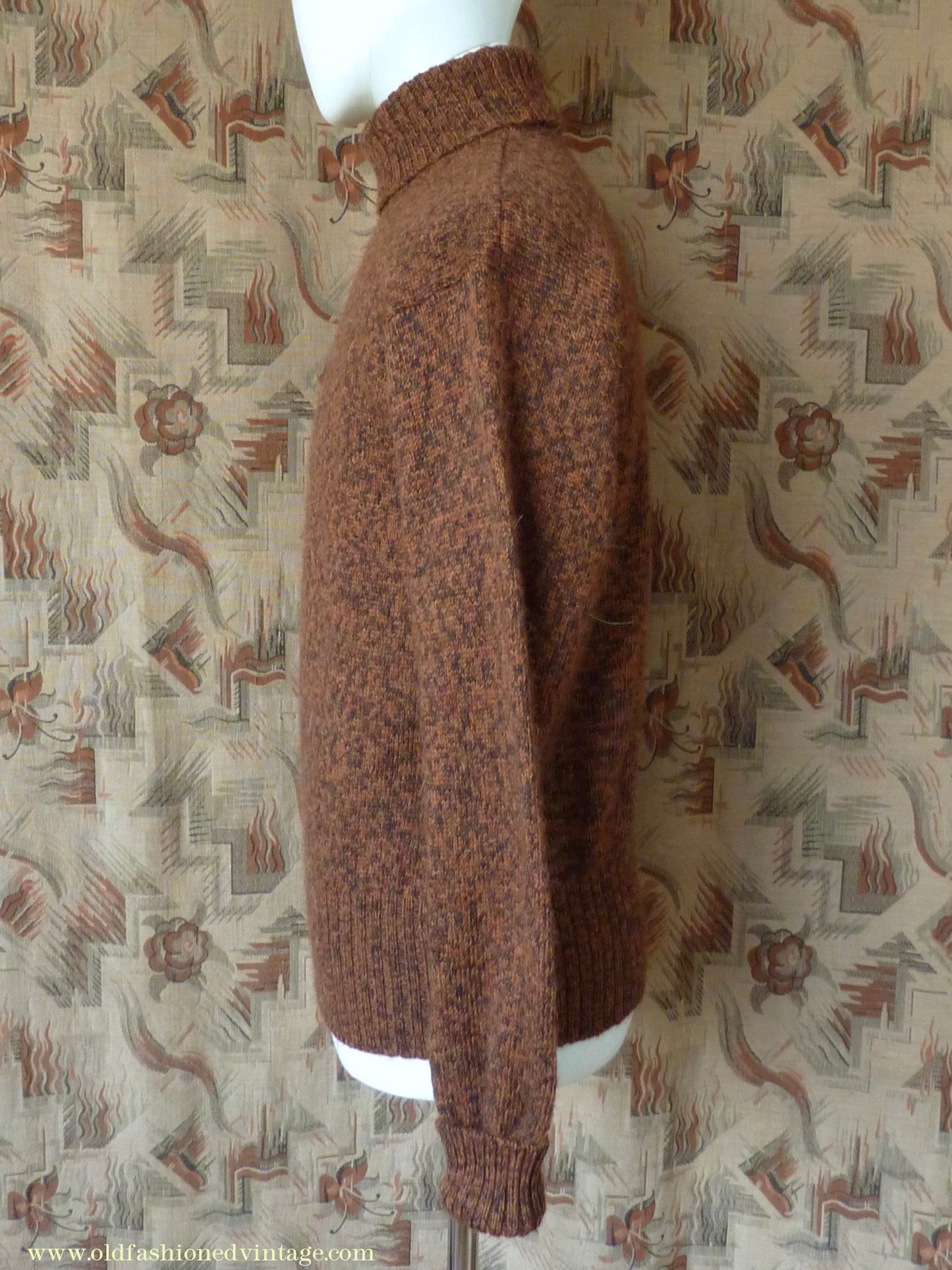 Old Fashioned Garments Vintage Reproduction 1940s Mens Roll Neck Jumper Mottled Cinnamon Dark Brown Polo Turtle Sweater L