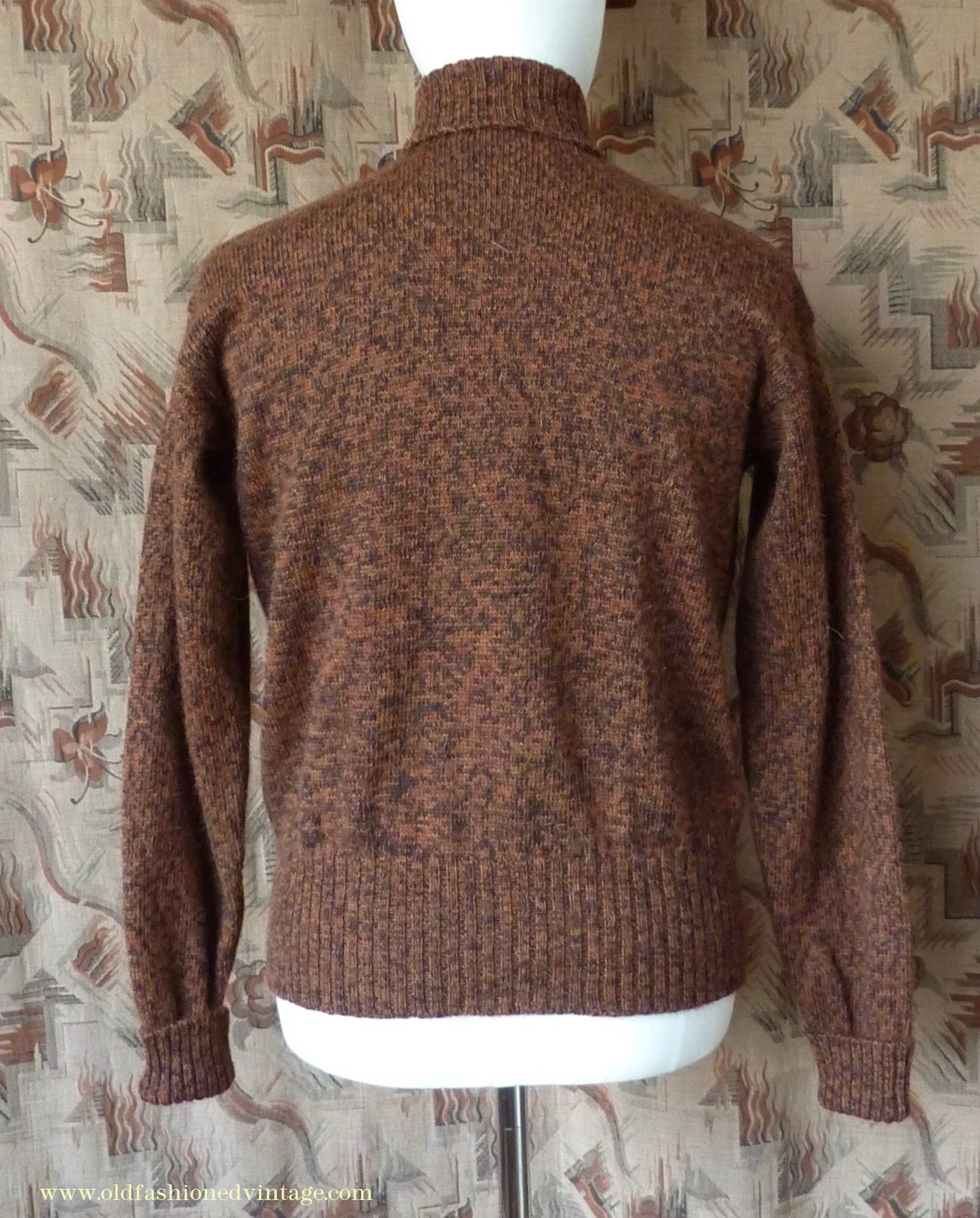 Old Fashioned Garments Vintage Reproduction 1940s Mens Roll Neck Jumper Mottled Cinnamon Dark Brown Polo Turtle Sweater L