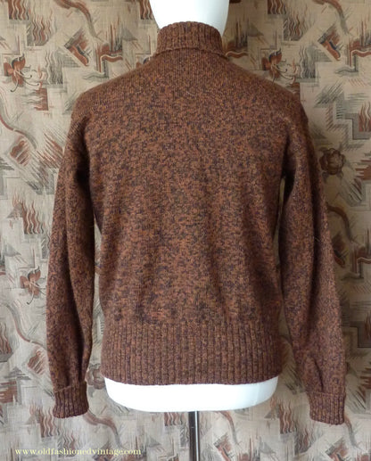 Old Fashioned Garments Vintage Reproduction 1940s Mens Roll Neck Jumper Mottled Cinnamon Dark Brown Polo Turtle Sweater L