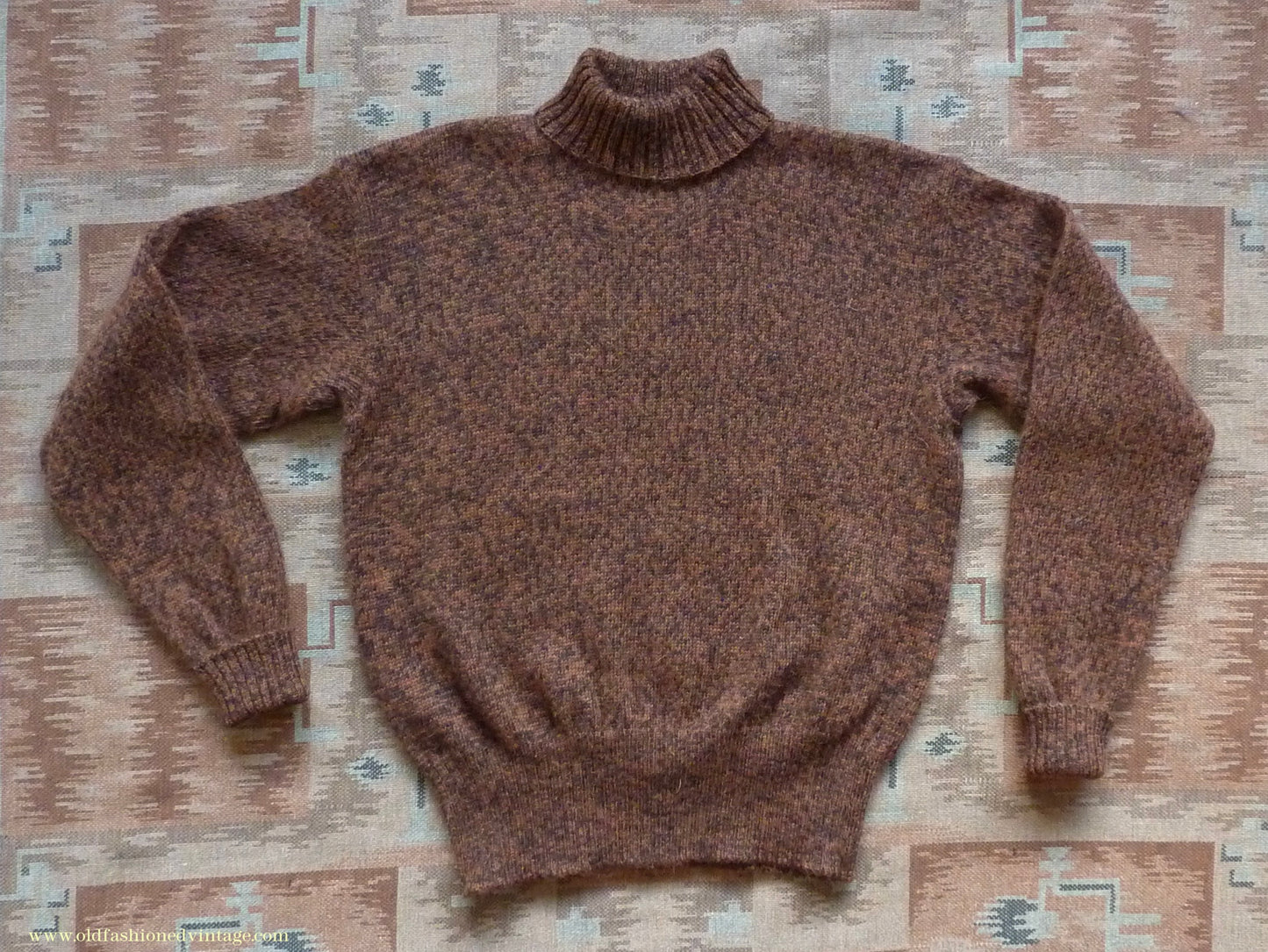 Old Fashioned Garments Vintage Reproduction 1940s Mens Roll Neck Jumper Mottled Cinnamon Dark Brown Polo Turtle Sweater L