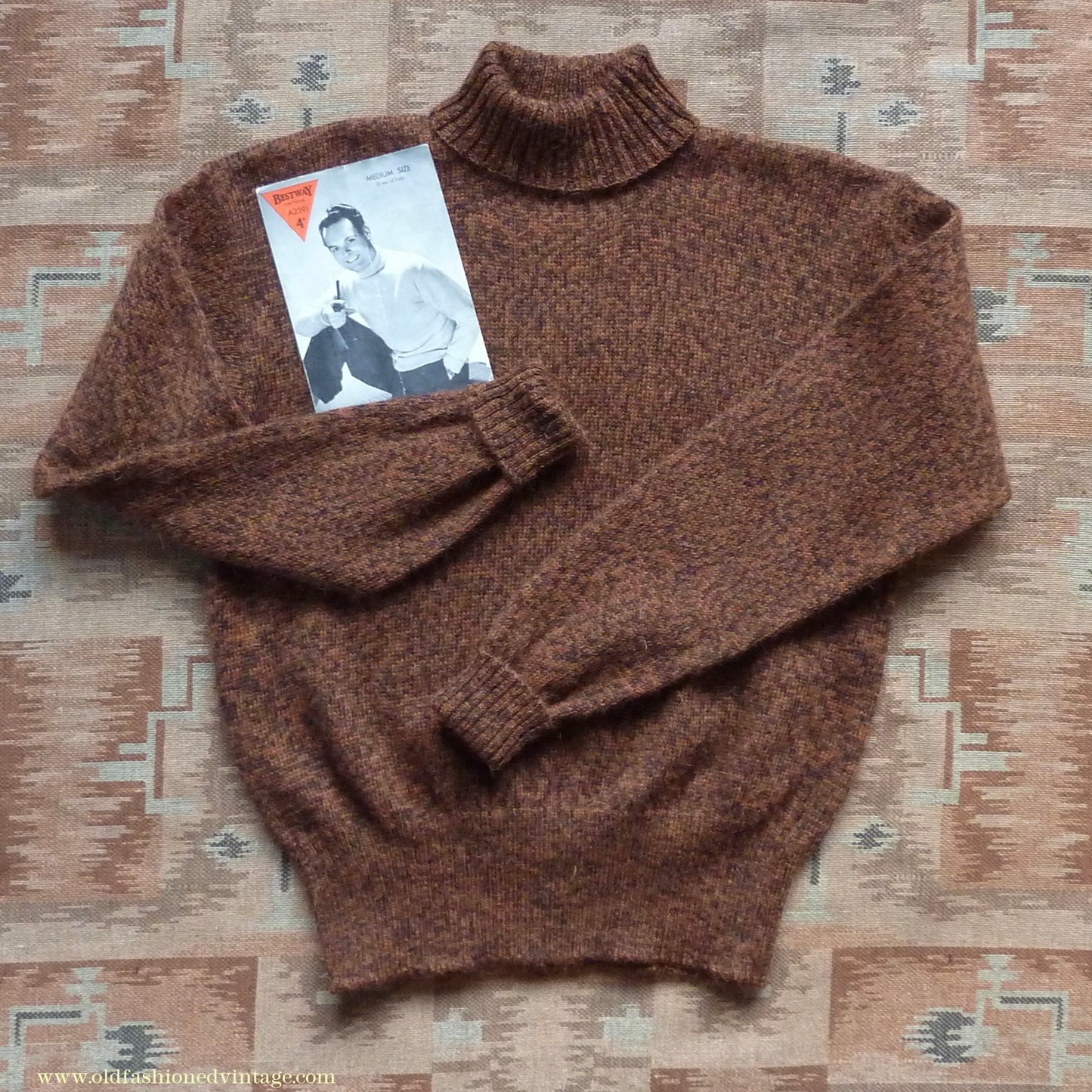 Old Fashioned Garments Vintage Reproduction 1940s Mens Roll Neck Jumper Mottled Cinnamon Dark Brown Polo Turtle Sweater L