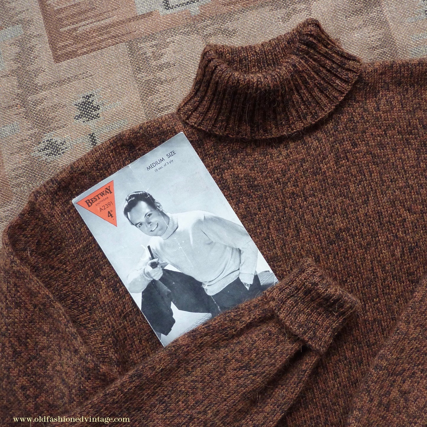 Old Fashioned Garments Vintage Reproduction 1940s Mens Roll Neck Jumper Mottled Cinnamon Dark Brown Polo Turtle Sweater L