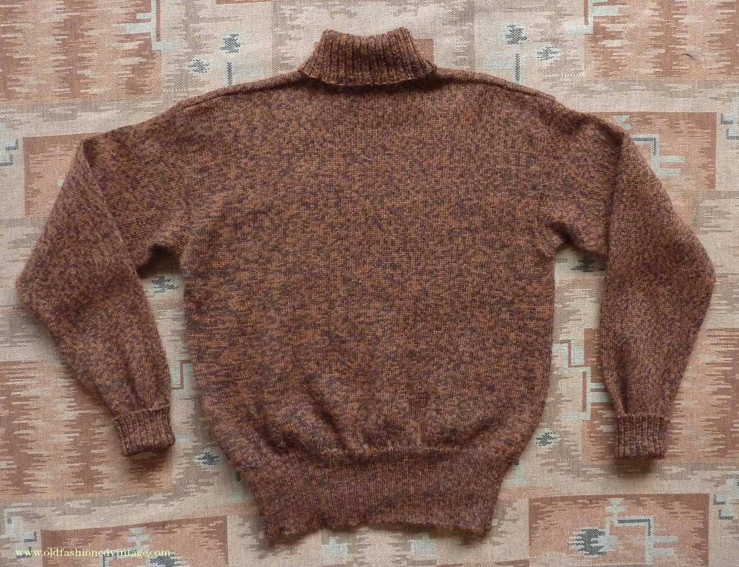 Old Fashioned Garments Vintage Reproduction 1940s Mens Roll Neck Jumper Mottled Cinnamon Dark Brown Polo Turtle Sweater L