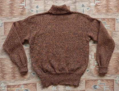 Old Fashioned Garments Vintage Reproduction 1940s Mens Roll Neck Jumper Mottled Cinnamon Dark Brown Polo Turtle Sweater L