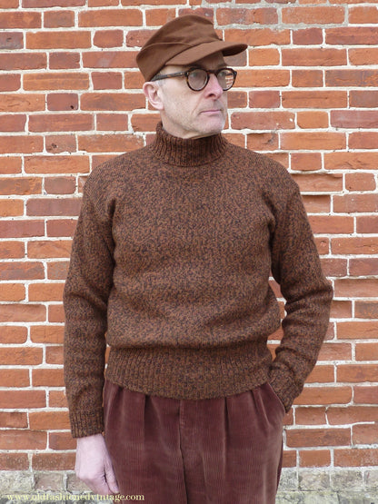 Old Fashioned Garments Vintage Reproduction 1940s Mens Roll Neck Jumper Mottled Cinnamon Dark Brown Polo Turtle Sweater L