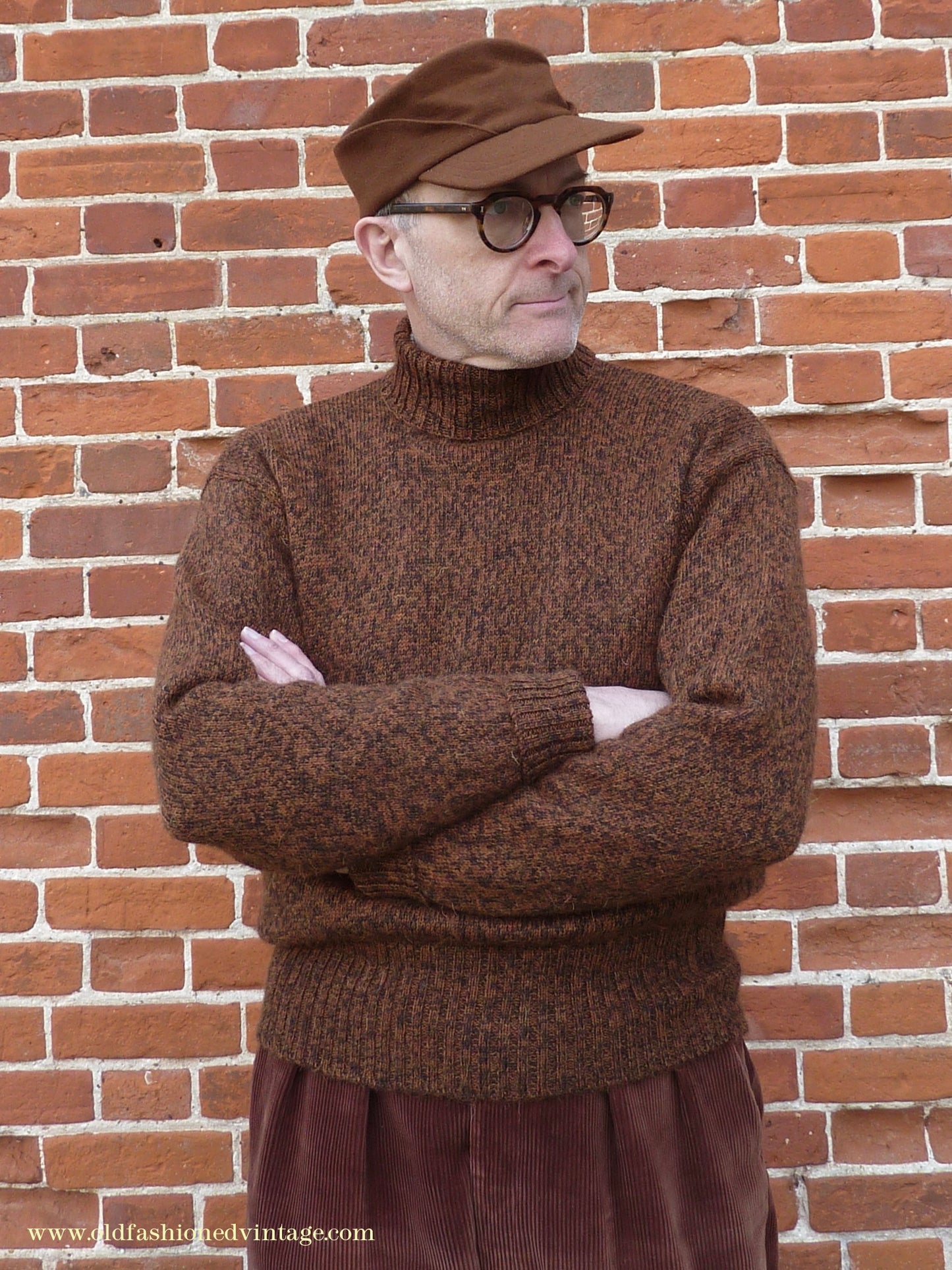 Old Fashioned Garments Vintage Reproduction 1940s Mens Roll Neck Jumper Mottled Cinnamon Dark Brown Polo Turtle Sweater L