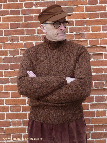 Old Fashioned Garments Vintage Reproduction 1940s Mens Roll Neck Jumper Mottled Cinnamon Dark Brown Polo Turtle Sweater L