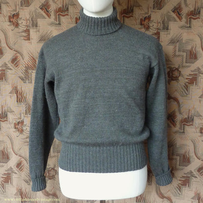 Old Fashioned Garments Vintage Reproduction 1940s Mens Roll Neck Jumper Grey Green Polo Turtle Sweater S/M