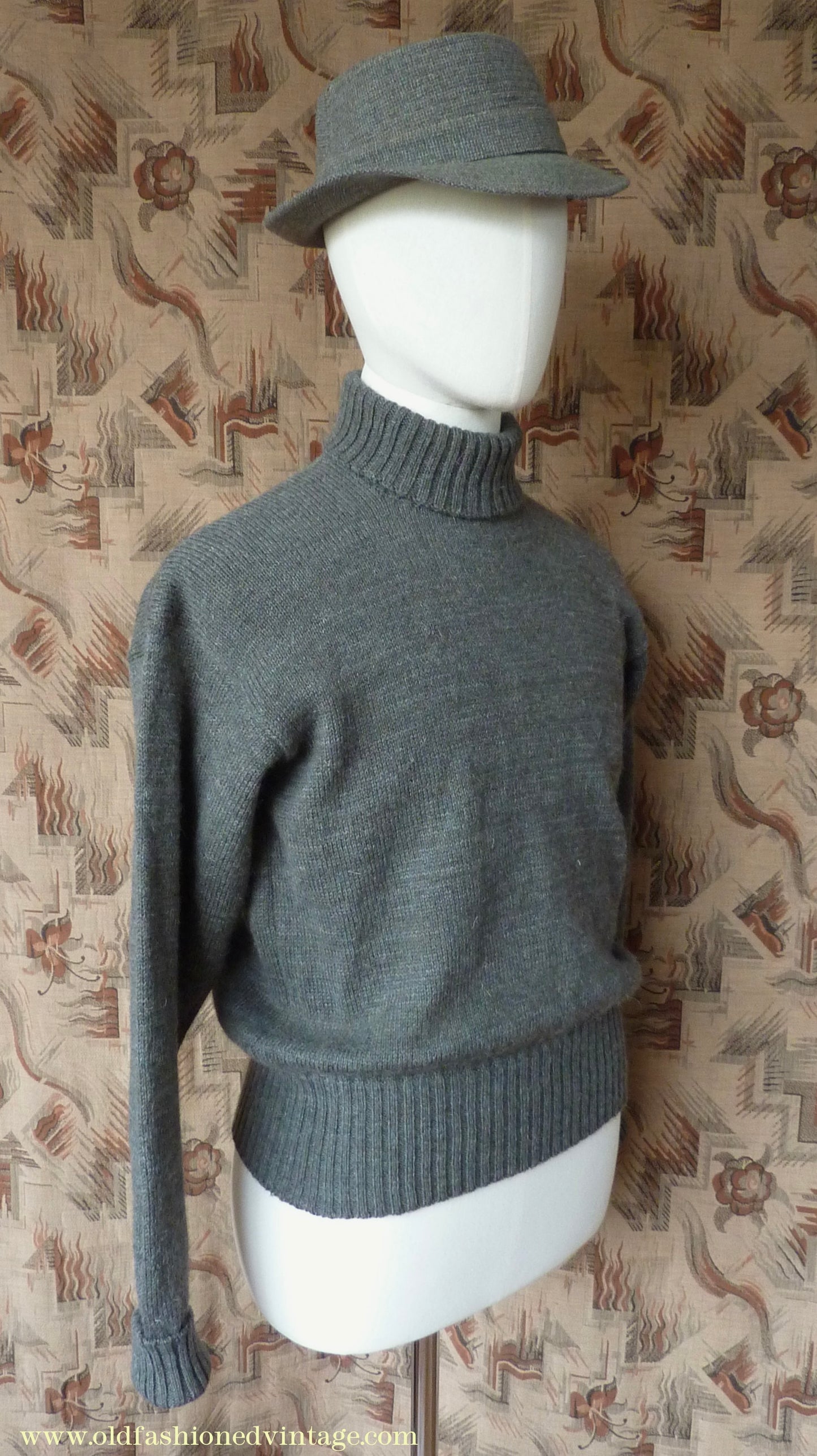 Old Fashioned Garments Vintage Reproduction 1940s Mens Roll Neck Jumper Grey Green Polo Turtle Sweater S/M