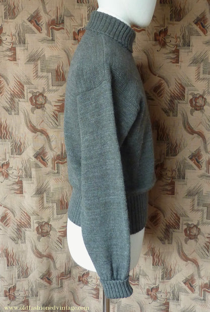 Old Fashioned Garments Vintage Reproduction 1940s Mens Roll Neck Jumper Grey Green Polo Turtle Sweater S/M
