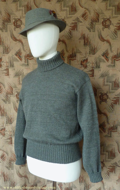 Old Fashioned Garments Vintage Reproduction 1940s Mens Roll Neck Jumper Grey Green Polo Turtle Sweater S/M
