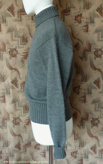 Old Fashioned Garments Vintage Reproduction 1940s Mens Roll Neck Jumper Grey Green Polo Turtle Sweater S/M