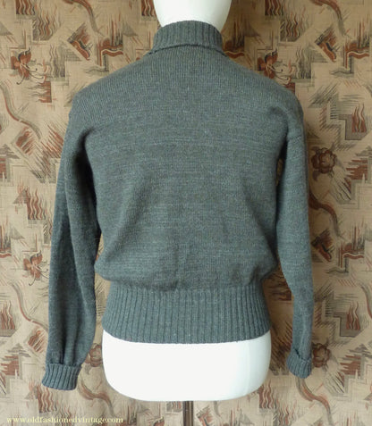 Old Fashioned Garments Vintage Reproduction 1940s Mens Roll Neck Jumper Grey Green Polo Turtle Sweater S/M